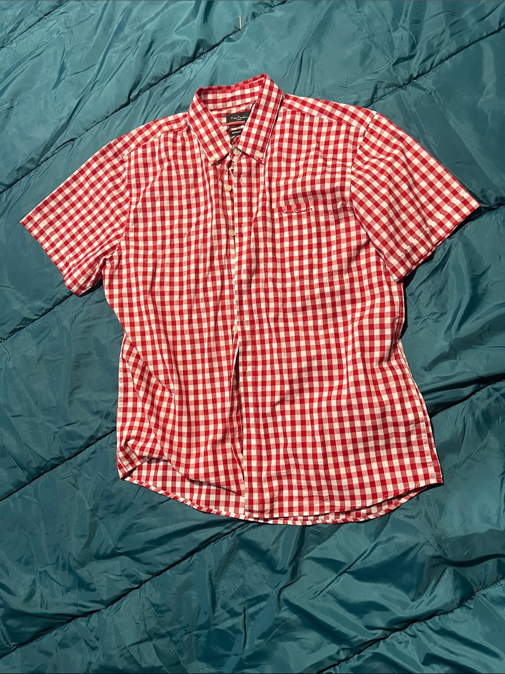 Pierre Cardin Red and White Gingham Short-Sleeve Button-Down Shirt